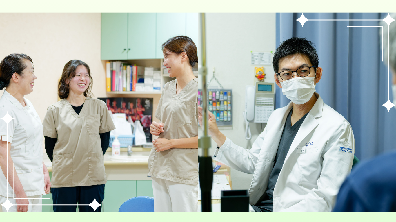 笑顔の眼科スタッフたちと、診察室で患者に対応する医師